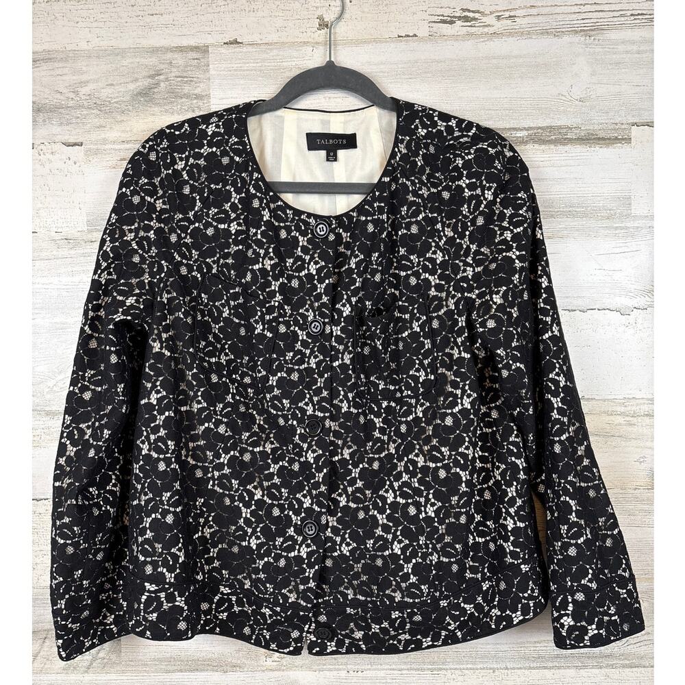 Talbots Womens 12 Black Floral Lace Overlay Crew Neck Blazer Work Casual Jacket